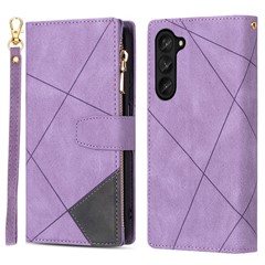 For Samsung Galaxy Z Fold5 5G Wallet Flip Case PU Leather Lines Imprinted Zipper Pocket Stand Phone Cover - Purple