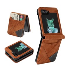 For Samsung Galaxy Z Flip5 5G Phone Case PU Leather Lines Imprinted Card Slot Cover - Brown