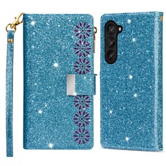 Zipper Wallet Shell for Samsung Galaxy Z Fold5 5G Leather Stand Case Laser Carving Glittery Phone Cover with Strap - Blue