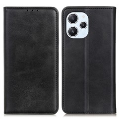 Split Leather Wallet Phone Case for Xiaomi Redmi 12 4G , Phone Stand Cover Anti-scratch Cowhide Texture Shell - Black