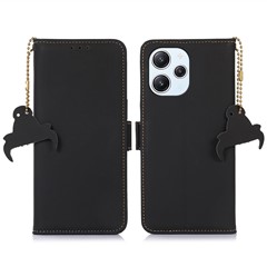 Stand Cover for Xiaomi Redmi 12 4G Genuine Cow Leather+TPU RFID Blocking Wallet Phone Case - Black