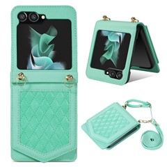 For Samsung Galaxy Z Flip5 5G RFID Blocking Phone Case PU Leather + PC Card Slot Cover with Makeup Mirror / Shoulder Strap - Mint Green