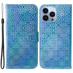Stand Wallet Case for iPhone 15 Pro Max , Dazzling Flower Pattern Leather Cell Phone Cover - Blue