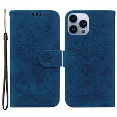 For iPhone 15 Pro Wallet Phone Case Stand Rose Butterfly Imprinted PU Leather Phone Cover - Blue
