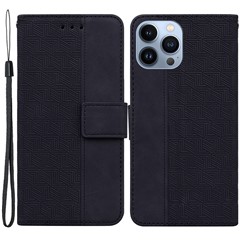 For iPhone 15 Pro Geometry Imprinted PU Leather Wallet Stand Phone Shell Mobile Case - Black