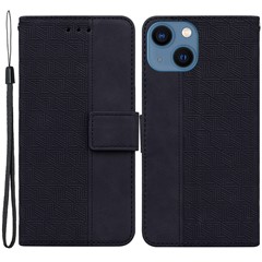 For iPhone 15 Geometry Imprinted PU Leather Wallet Stand Phone Shell Shockproof Mobile Case - Black