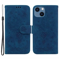 Rose Butterfly Imprinted Leather Case for iPhone 15 , Stand Wallet Protective Phone Cover - Blue