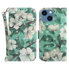 Anti-scratch Wallet Cover for iPhone 15 PU Leather 3D Pattern Printed Stand Phone Case with Strap - Watercolor Flowers