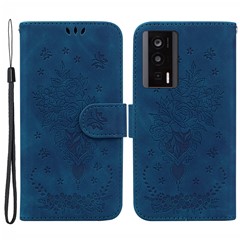 Wallet Case for Xiaomi Poco F5 Pro 5G / Redmi K60 5G / K60 Pro 5G , PU Leather Imprinted Rose Butterfly Stand Phone Cover - Blue