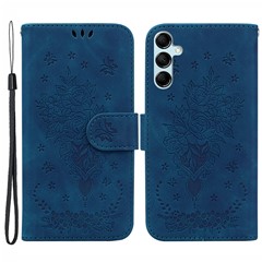 For Samsung Galaxy M54 5G / F54 5G Leather Wallet Stand Phone Case Imprinted Rose Butterfly Shell - Blue