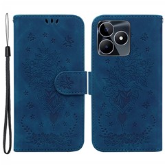 For Realme C53 (Global) / C53 (India) / C51 / Narzo N53 4G Rose Butterfly Imprinted Phone Shell PU Leather Wallet Stand Case - Blue