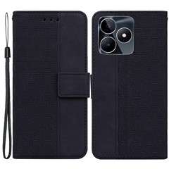 For Realme C53 (Global) / C53 (India) / C51 / Narzo N53 4G Geometry Imprinted Phone Shell PU Leather Wallet Stand Mobile Case - Black