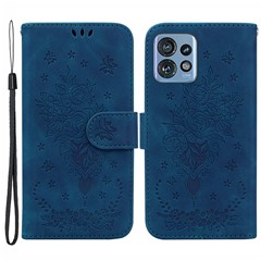 Phone Case for Motorola Edge 40 Pro 5G / Moto X40 5G / Edge+ (2023) , PU Leather Rose Butterfly Imprinted Stand Wallet Cover - Blue