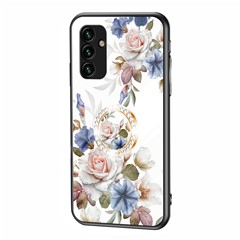 For Samsung Galaxy A14 5G / A14 4G Flower Pattern Phone Cover Tempered Glass+PC+TPU Case with Kickstand - White Flower Bush