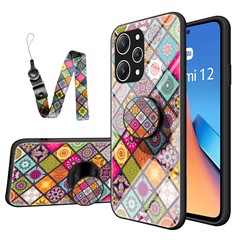 For Xiaomi Redmi 12 4G Tempered Glass+PC+TPU Phone Case Flower Pattern Kickstand Cover with Lanyard - Color Pattern