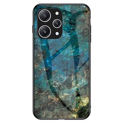 For Xiaomi Redmi 12 4G Shockproof Hybrid Case Tempered Glass+ PC+TPU Marble Pattern Phone Cover - Emerald Marble