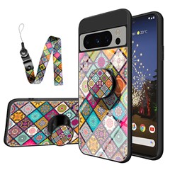 For Google Pixel 8 Pro Flower Pattern Kickstand Case PC+TPU+Tempered Glass Phone Cover with Lanyard - Checkered Pattern