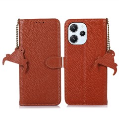 For Xiaomi Redmi 12 4G RFID Blocking Wallet Case Litchi Texture Genuine Cow Leather Stand Cover - Brown
