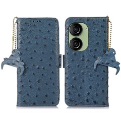 For Asus Zenfone 10 5G / 9 5G Ostrich Texture Genuine Cowhide Leather Phone Cover RFID Blocking Wallet Stand Case - Blue