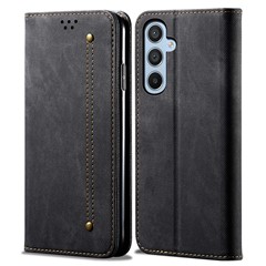 For Samsung Galaxy A25 5G (Global) (161.0 x 76.5 x 8.3mm) Wallet PU Leather Shockproof Cover Jeans Cloth Texture Phone Stand Case - Black