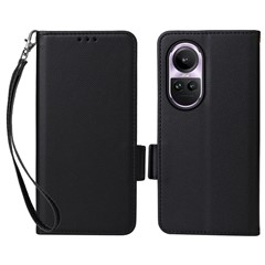 Shockproof Wallet Phone Case for Oppo Reno10 5G CPH2531 (Global) / Reno10 Pro 5G CPH2525 (Global) Litchi Texture PU Leather Flip Stand Cover with Strap - Black