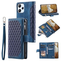 For Xiaomi Redmi 12 4G Phone Case PU Leather Shell Rhombus Pattern Imprinted Zipper Pocket Wallet Stand Cover - Blue