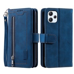 For Xiaomi Redmi 12 4G Zipper Pocket PU Leather Phone Case 9 Card Slots Drop-proof Cover - Blue