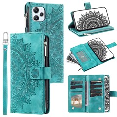 For Xiaomi Redmi 12 4G PU Leather Mandala Flower Imprinted Stand Cover Card Holder Zipper Pocket Wallet Phone Case with Strap - Green