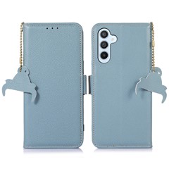 For Samsung Galaxy S23 FE RFID Blocking Phone Case Genuine Cow Leather Stand Wallet Litchi Texture Cover - Blue