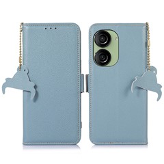 For Asus Zenfone 10 5G RFID Blocking Genuine Cow Leather Phone Case Litchi Texture Stand Wallet Cover - Blue