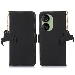 For Asus Zenfone 10 5G Silky Feeling Genuine Cow Leather Phone Cover RFID Blocking Wallet Stand Case - Black
