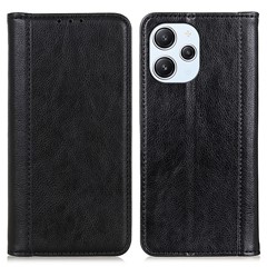 For Xiaomi Redmi 12 4G Split Leather Anti-drop Cover Litchi Texture Wallet Stand Phone Case - Black