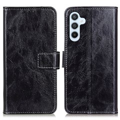 For Samsung Galaxy S23 FE Cell Phone Case Stand Retro Crazy Horse Texture PU Leather Phone Cover Wallet - Black
