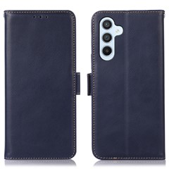 For Samsung Galaxy S23 FE RFID Blocking Crazy Horse Texture Genuine Cow Leather Wallet Stand Cover Phone Case - Blue