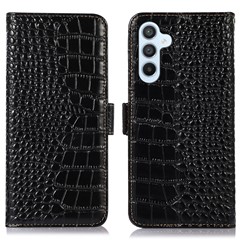 Wallet Phone Case for Samsung Galaxy S23 FE RFID Blocking Genuine Cow Leather Crocodile Texture Stand Cover - Black