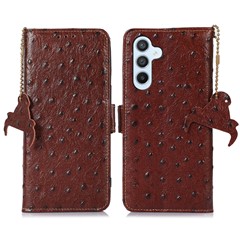 RFID Blocking Shell for Samsung Galaxy S23 FE Genuine Cowhide Leather Phone Cover Wallet Stand Case - Coffee