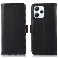 For Xiaomi Redmi 12 4G Wallet Stand Cover RFID Blocking Genuine Cow Leather Phone Crazy Horse Texture Case - Black