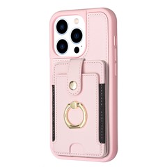 BF27 For iPhone 14 Pro Max PU Leather+TPU Card Holder Case Ring Kickstand Phone Cover - Pink