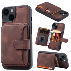 For iPhone 15 Plus Leather Coated TPU Phone Case RFID Blocking Wallet Phone Cover with Kickstand - Coffee