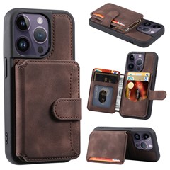 For iPhone 15 Pro Max Leather Coated TPU Phone Case RFID Blocking Wallet Anti-fall Cover with Kickstand - Coffee