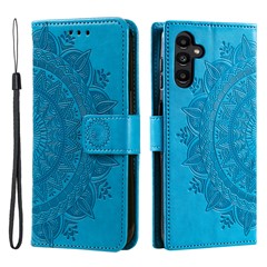 For Samsung Galaxy A25 5G (Global) (161.0 x 76.5 x 8.3mm) PU Leather Stand Cover Imprinted Flower Wallet Phone Case with Strap - Blue
