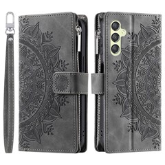 Phone Case for Samsung Galaxy S23 FE ,  Wallet PU Leather Stand Shell Multiple Card Slots Imprinted Cover with Strap - Grey