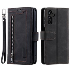 For Samsung Galaxy S23 FE Zipper Pocket PU Leather Phone Case 9 Card Slots Protective Cover - Black