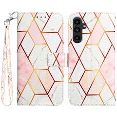 For Samsung Galaxy S23 FE Case with Strap Marble Pattern Leather Phone Cover Card Holder - Pink+White LS002