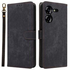 PU Leather Case for TECNO Pova 5 4G LH7N , Stand Shell RFID Blocking Wallet Phone Cover with Strap - Black