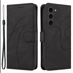 For Samsung Galaxy S23 Phone Wallet Case PU Leather Imprinted Line Stand Smartphone Cover - Black