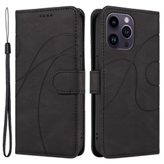 For iPhone 15 Pro Imprinted Line Wallet Stand Phone Case PU Leather + TPU Phone Cover - Black