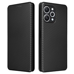 For Xiaomi Redmi 12 4G Card Holder Phone Leather Case Carbon Fiber Texture Stand Cover - Black