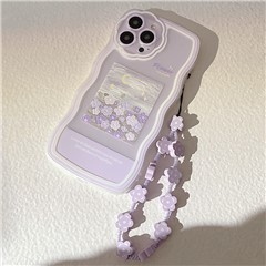 For iPhone 14 Pro Max Phone Cover Oil Painting Pattern Printing Phone Case Shell with Flower Decor Hand Strap