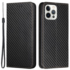 For iPhone 15 Pro Carbon Fiber Texture PU Leather+TPU Wallet Case Stand Phone Cover - Black